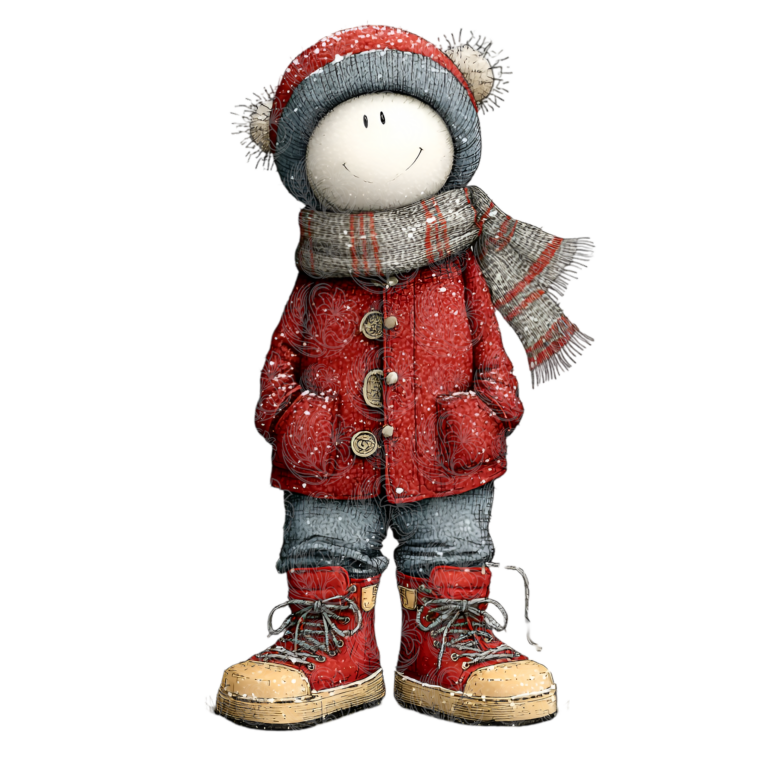 Snowman figure dressed in red coat scarf and boots standing cheerfully, Grey Barn Handwerk, Saskatchewan.